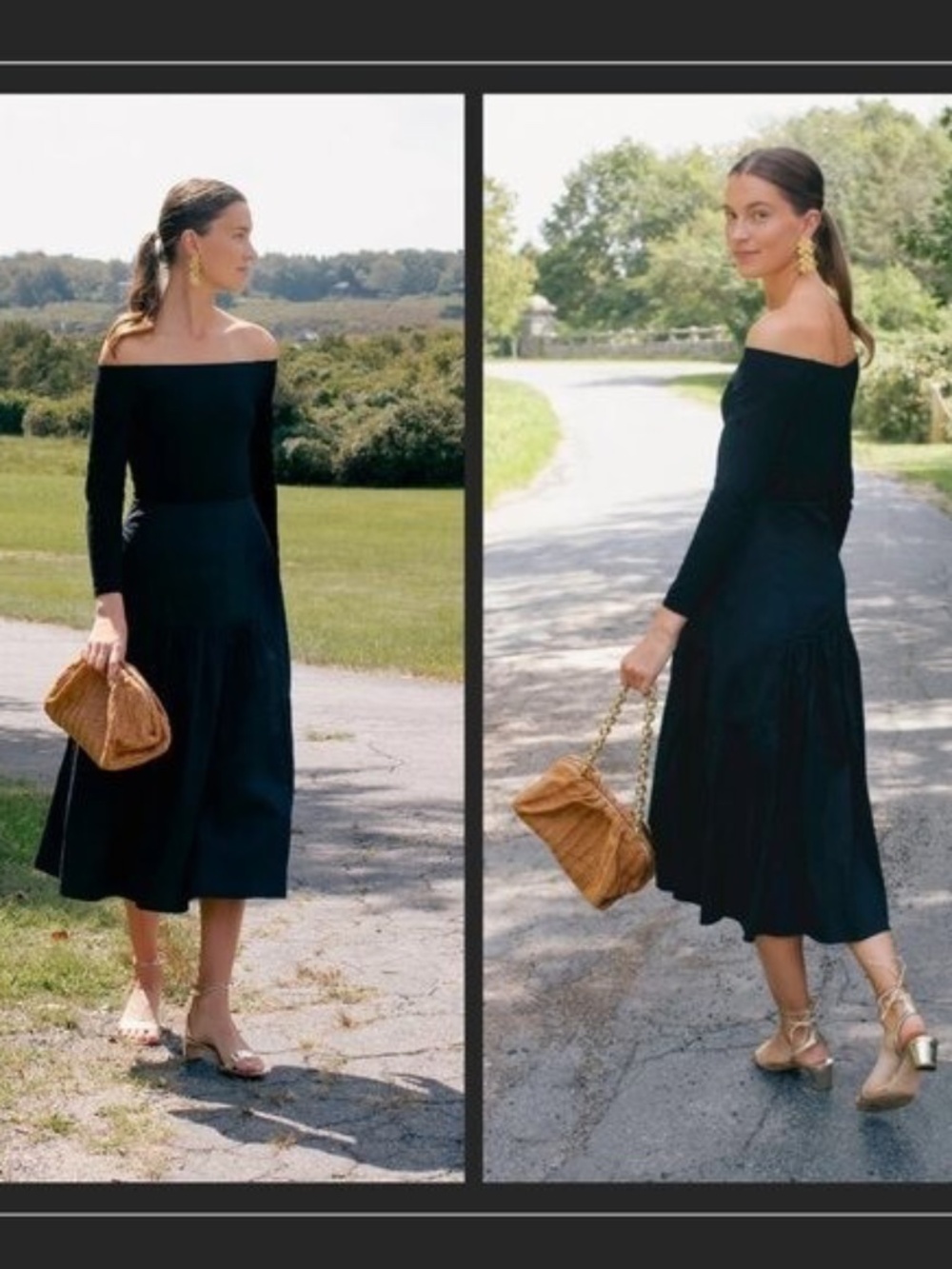 Tuckernuck Marissa Off-The-Shoulder Midi Dress - Black Mixed Media Long Sleeve